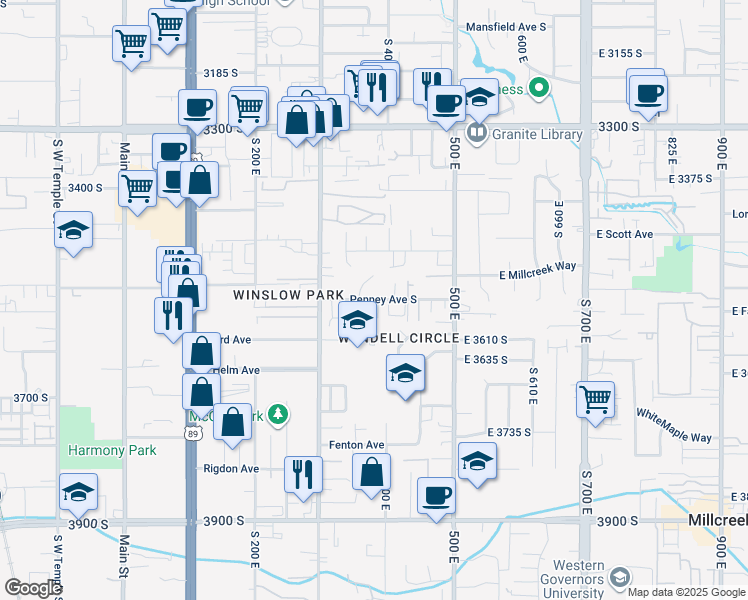 map of restaurants, bars, coffee shops, grocery stores, and more near 432 East Penny Avenue in Salt Lake City