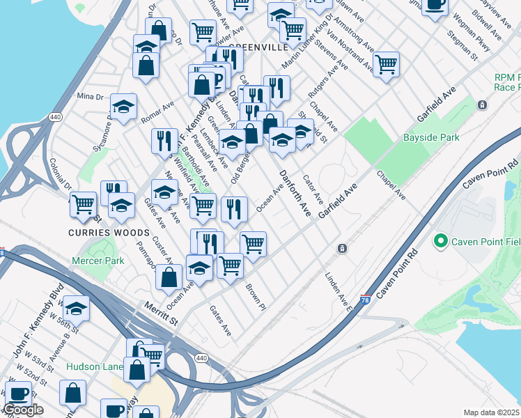 map of restaurants, bars, coffee shops, grocery stores, and more near 156 Ocean Avenue in Jersey City