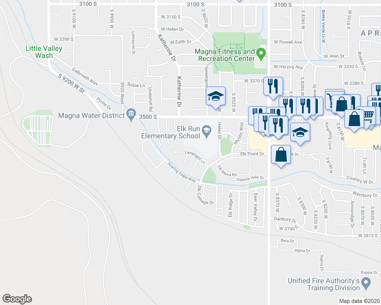 map of restaurants, bars, coffee shops, grocery stores, and more near 8715 Lamplight Lane in Magna