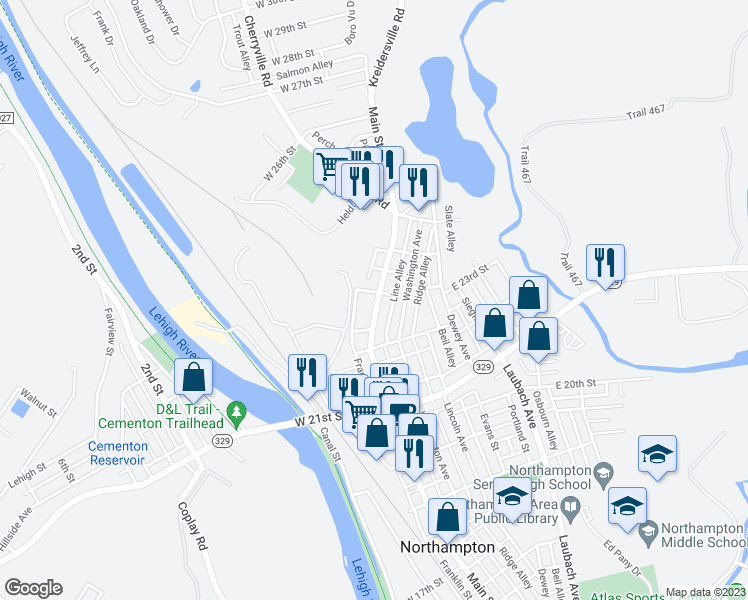 map of restaurants, bars, coffee shops, grocery stores, and more near 2278 Main Street in Northampton