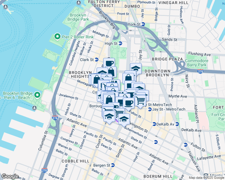 map of restaurants, bars, coffee shops, grocery stores, and more near 205 Montague Street in Brooklyn