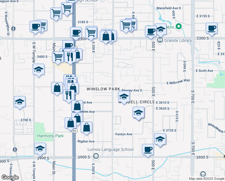 map of restaurants, bars, coffee shops, grocery stores, and more near 3532 South 300 East in Salt Lake City