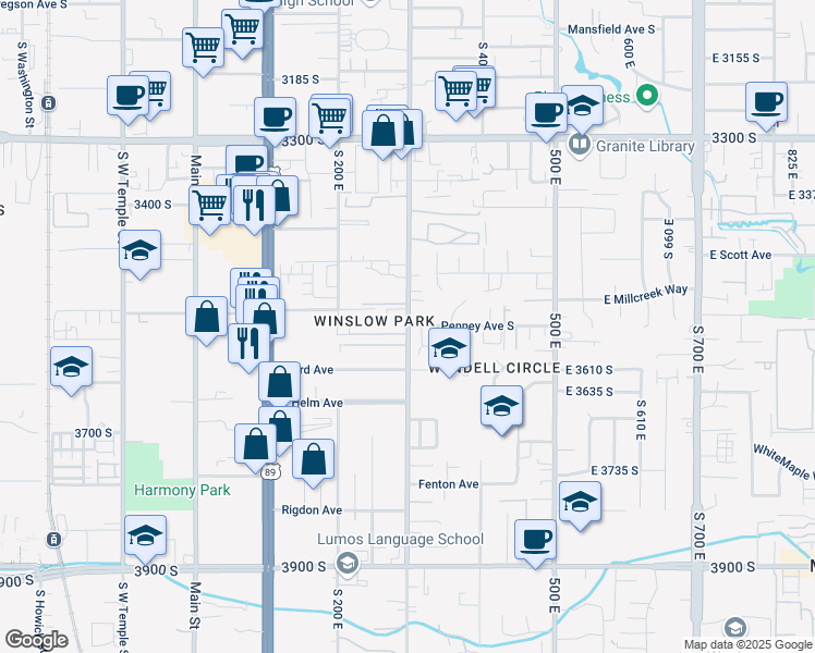 map of restaurants, bars, coffee shops, grocery stores, and more near 3532 300 East in Salt Lake City