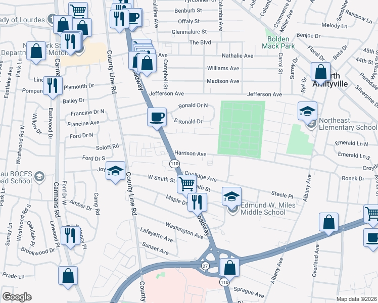 map of restaurants, bars, coffee shops, grocery stores, and more near 15 Harrison Avenue in Amityville