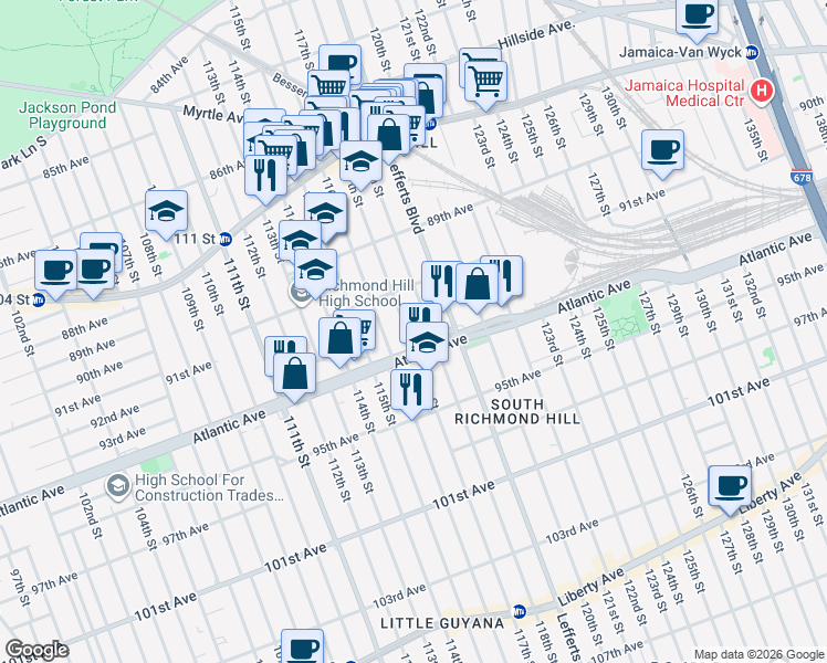map of restaurants, bars, coffee shops, grocery stores, and more near in Queens