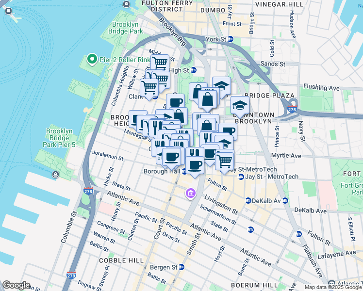 map of restaurants, bars, coffee shops, grocery stores, and more near 205 Montague Street in Brooklyn