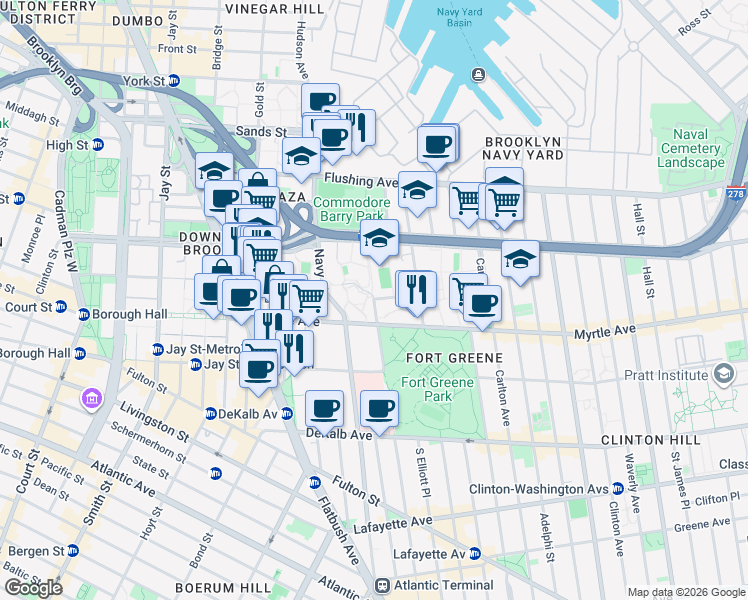 map of restaurants, bars, coffee shops, grocery stores, and more near 1 Auburn Place in Brooklyn