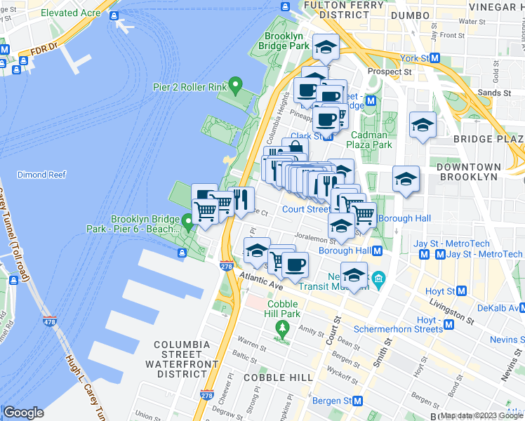 map of restaurants, bars, coffee shops, grocery stores, and more near 78 Montague Street in Brooklyn
