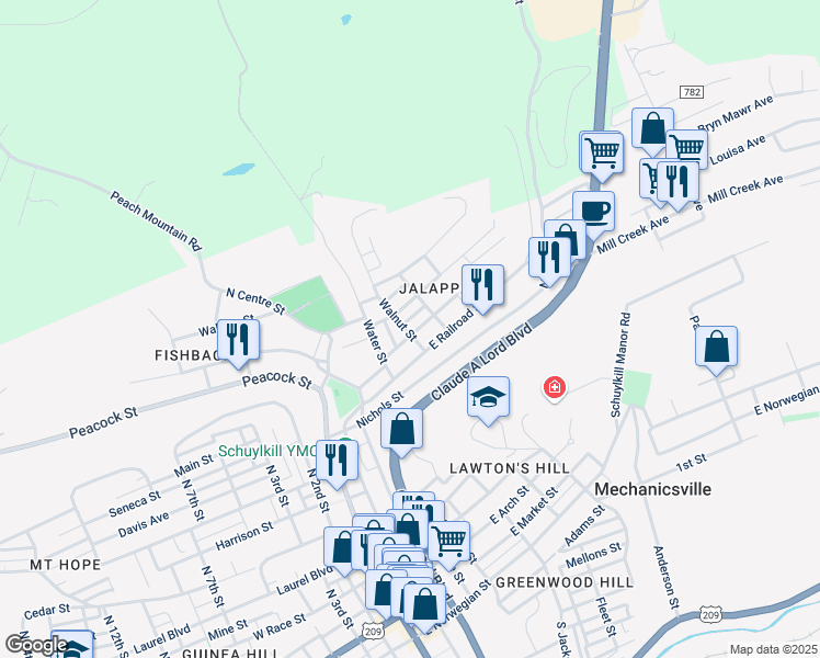 map of restaurants, bars, coffee shops, grocery stores, and more near 340 Front Street in Pottsville