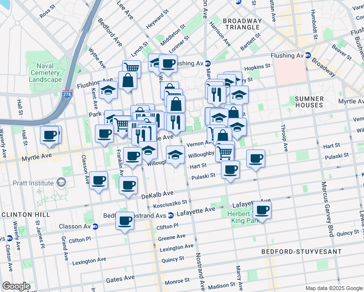 map of restaurants, bars, coffee shops, grocery stores, and more near Nostrand Avenue & Vernon Avenue in Brooklyn