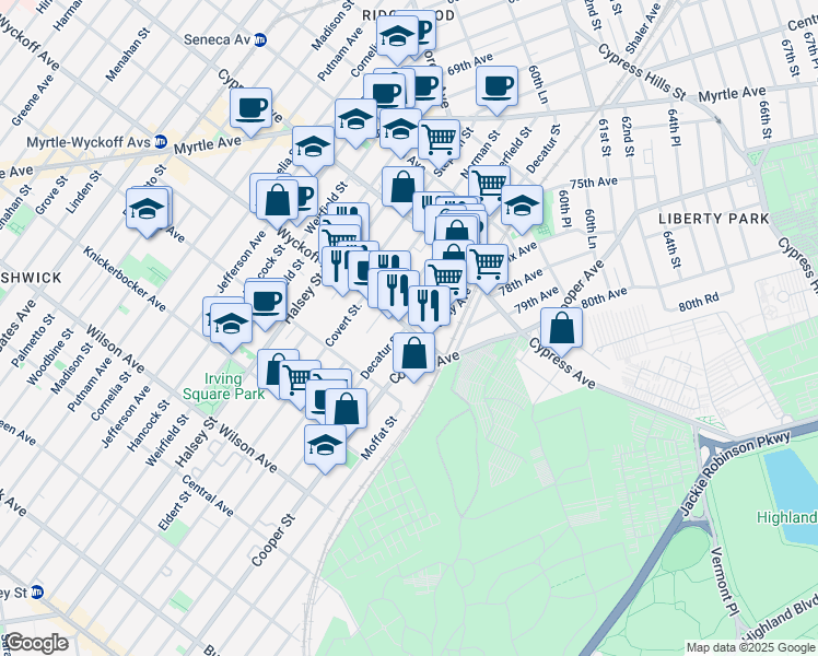 map of restaurants, bars, coffee shops, grocery stores, and more near Wyckoff Avenue & Decatur Street in Queens