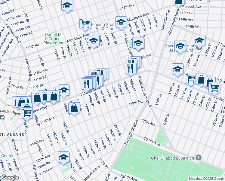 map of restaurants, bars, coffee shops, grocery stores, and more near 11646 202nd Street in Queens