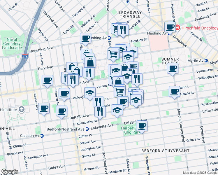 map of restaurants, bars, coffee shops, grocery stores, and more near 50 Vernon Avenue in Brooklyn
