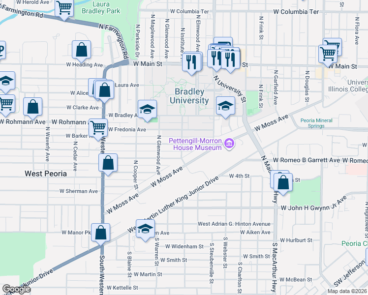 map of restaurants, bars, coffee shops, grocery stores, and more near 650-698 North Institute Place in Peoria
