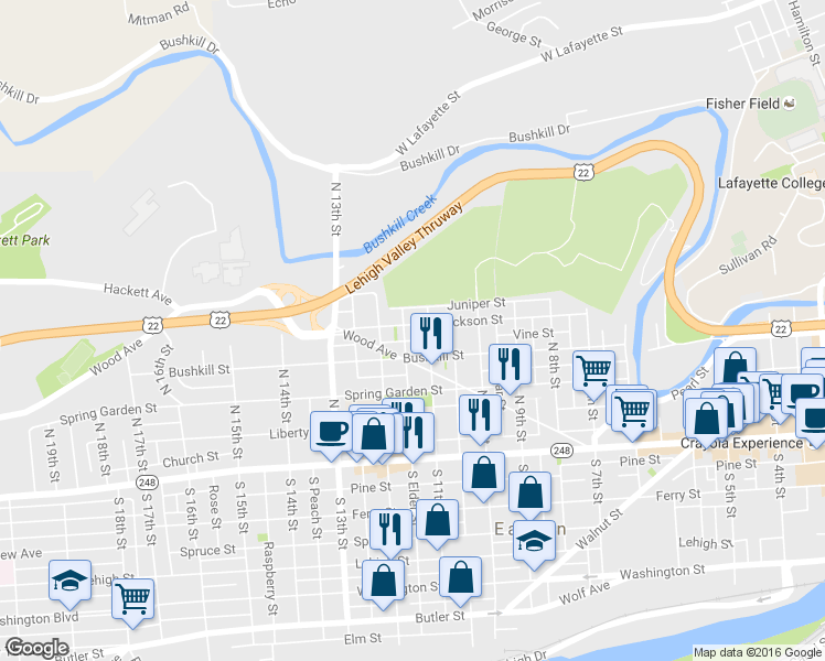 map of restaurants, bars, coffee shops, grocery stores, and more near 1118 Jackson Street in Easton