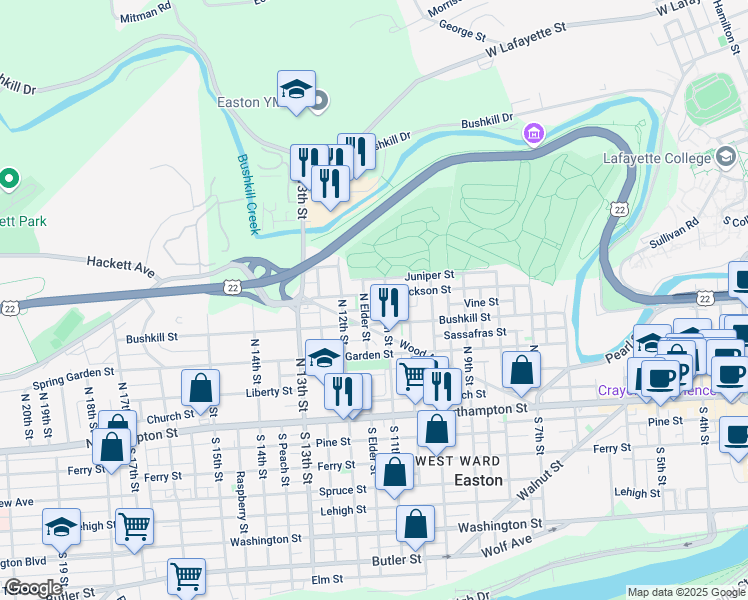 map of restaurants, bars, coffee shops, grocery stores, and more near 1116 Jackson Street in Easton