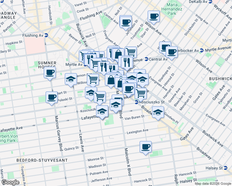 map of restaurants, bars, coffee shops, grocery stores, and more near 1050 Broadway in Brooklyn