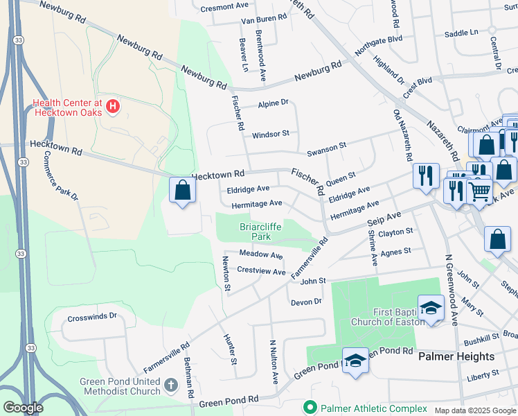map of restaurants, bars, coffee shops, grocery stores, and more near 3028 Eldridge Avenue in Easton