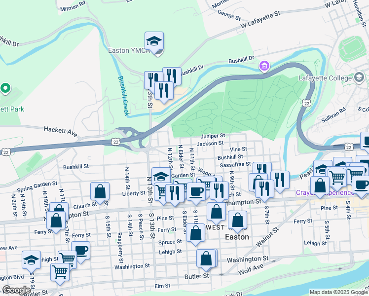 map of restaurants, bars, coffee shops, grocery stores, and more near 1118 Jackson Street in Easton