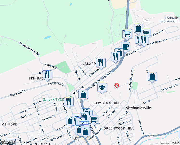map of restaurants, bars, coffee shops, grocery stores, and more near 361 Front Street in Pottsville