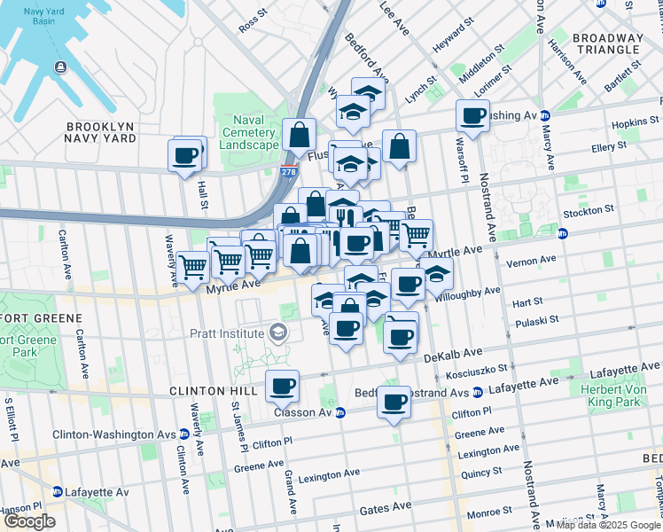 map of restaurants, bars, coffee shops, grocery stores, and more near 121 Taaffe Place in Brooklyn