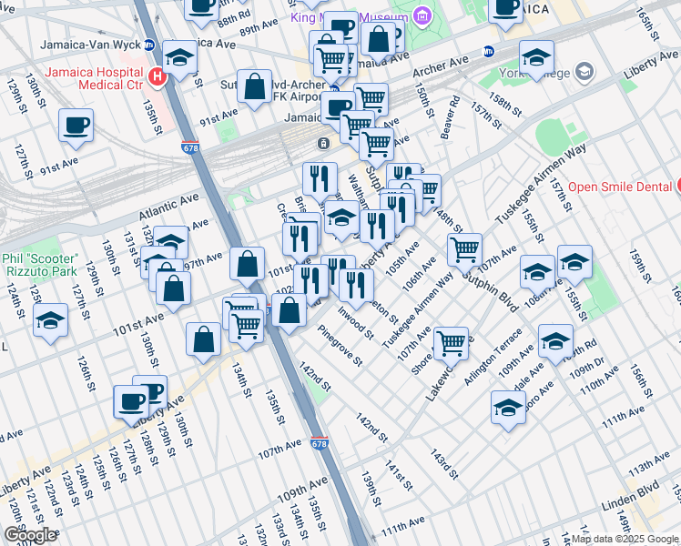 map of restaurants, bars, coffee shops, grocery stores, and more near 143-20 101st Avenue in Queens