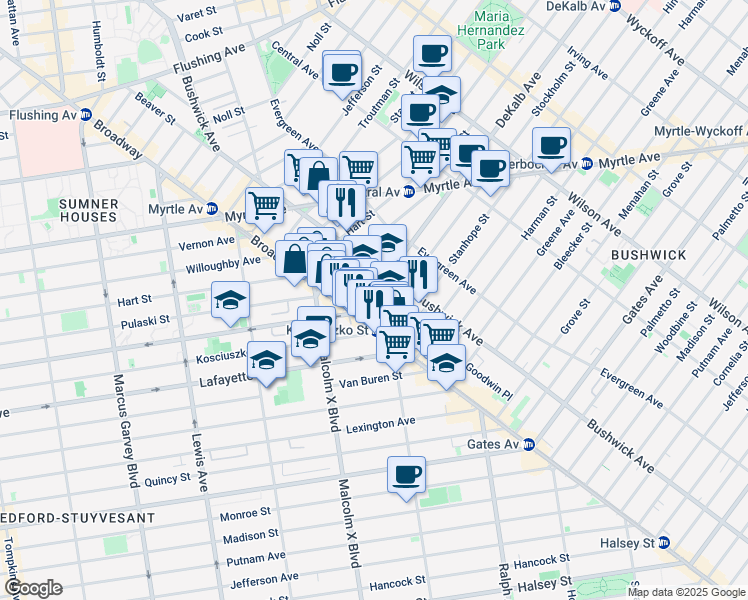 map of restaurants, bars, coffee shops, grocery stores, and more near 1171 DeKalb Avenue in Brooklyn