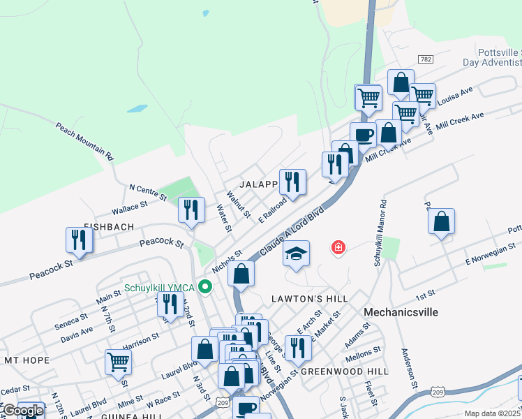 map of restaurants, bars, coffee shops, grocery stores, and more near 361 Front Street in Pottsville