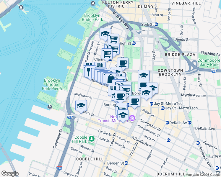 map of restaurants, bars, coffee shops, grocery stores, and more near 130 Montague Street in Brooklyn