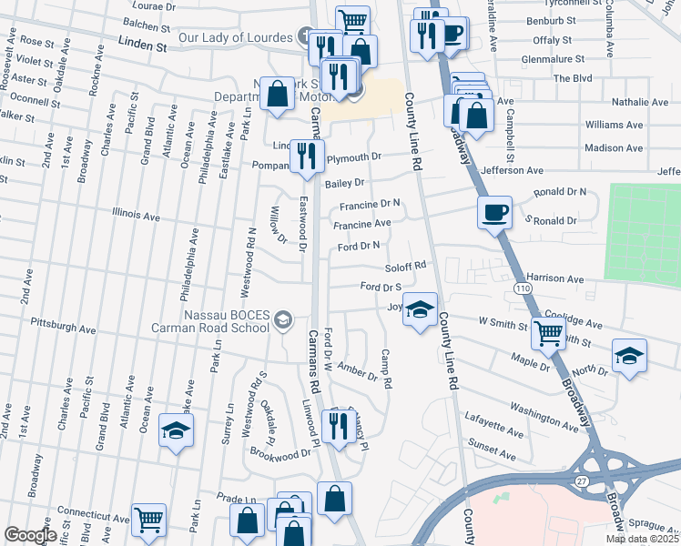 map of restaurants, bars, coffee shops, grocery stores, and more near 1 Carman Gate in Massapequa