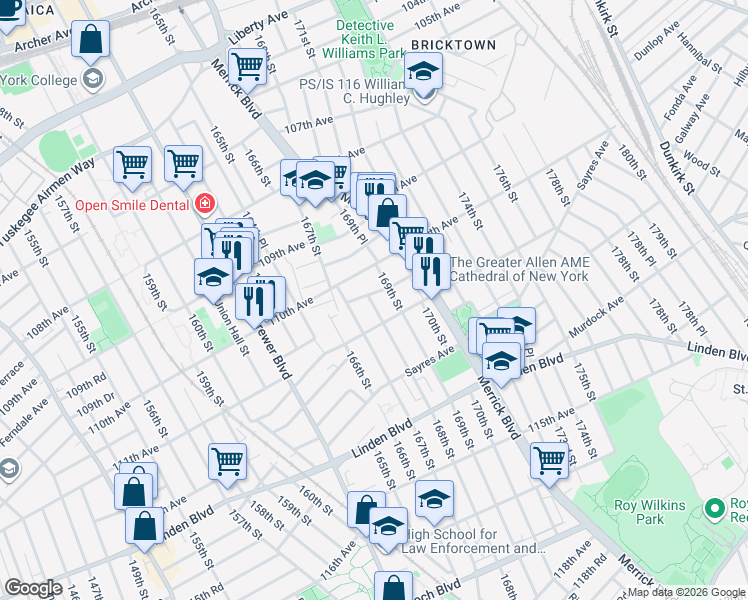 map of restaurants, bars, coffee shops, grocery stores, and more near 110-19 169th Street in Queens