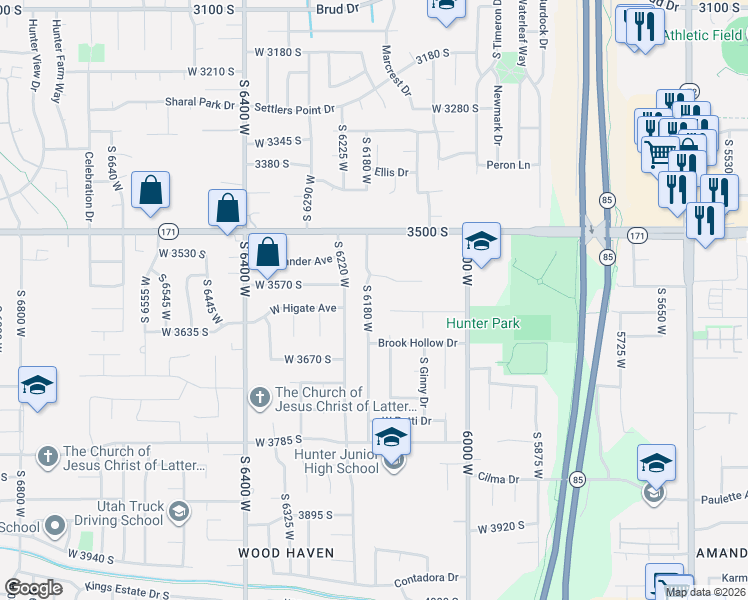 map of restaurants, bars, coffee shops, grocery stores, and more near 3589 South Deann Drive in West Valley City