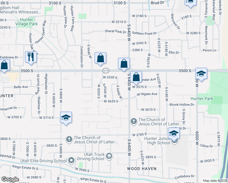 map of restaurants, bars, coffee shops, grocery stores, and more near 3571 South 6470 in West Valley City