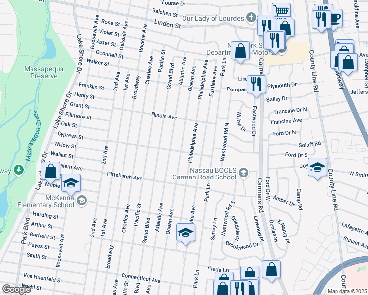 map of restaurants, bars, coffee shops, grocery stores, and more near 372 Ocean Avenue in Massapequa Park