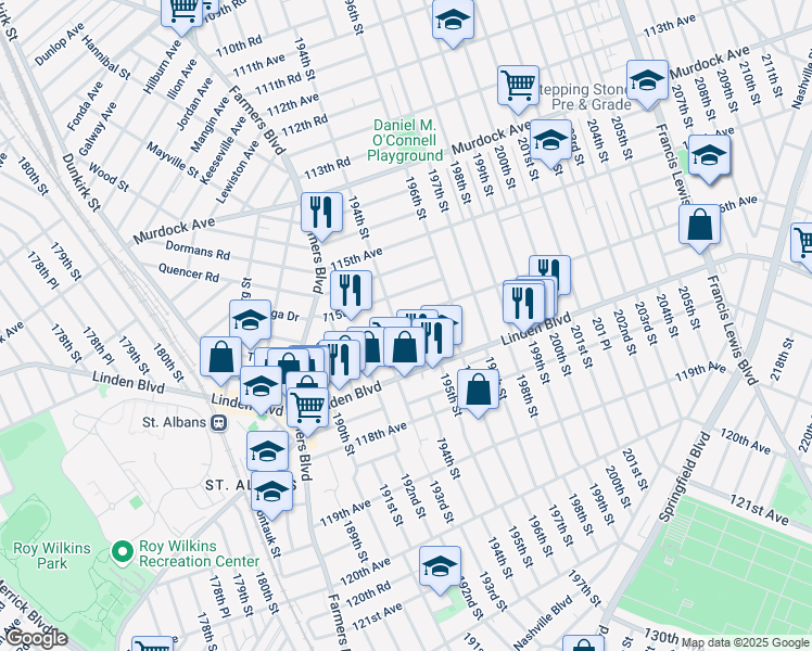 map of restaurants, bars, coffee shops, grocery stores, and more near 194-30 115th Drive in Queens