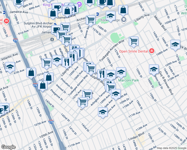 map of restaurants, bars, coffee shops, grocery stores, and more near 14726 Tuskegee Airmen Way in Queens
