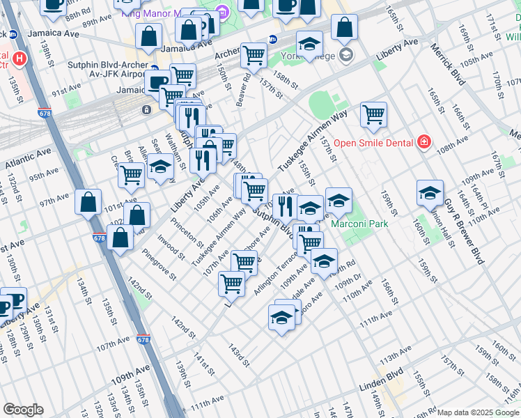 map of restaurants, bars, coffee shops, grocery stores, and more near 14726 Tuskegee Airmen Way in Queens