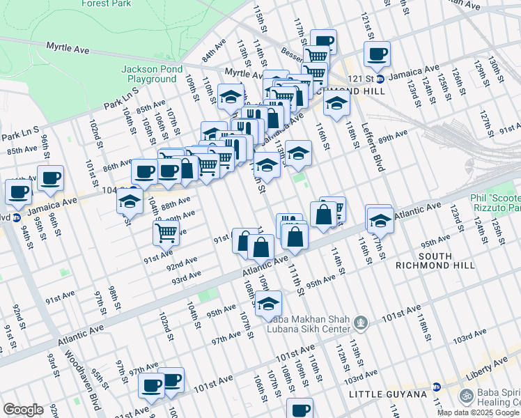 map of restaurants, bars, coffee shops, grocery stores, and more near 87-71 111th Street in Queens