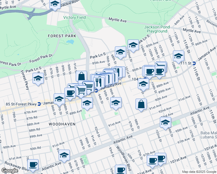 map of restaurants, bars, coffee shops, grocery stores, and more near 86-30 96th Street in Queens