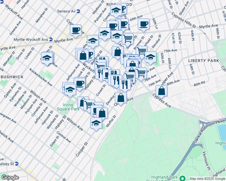 map of restaurants, bars, coffee shops, grocery stores, and more near 16-14 Summerfield Street in Queens