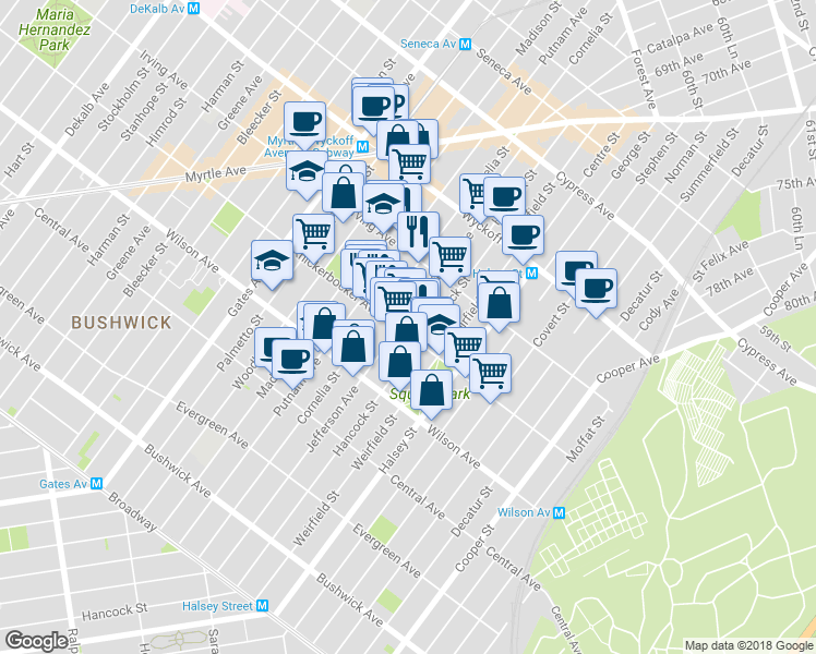 map of restaurants, bars, coffee shops, grocery stores, and more near 1398 Jefferson Avenue in Brooklyn