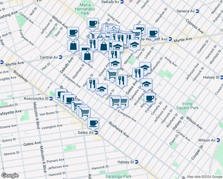 map of restaurants, bars, coffee shops, grocery stores, and more near 344 Central Avenue in Brooklyn