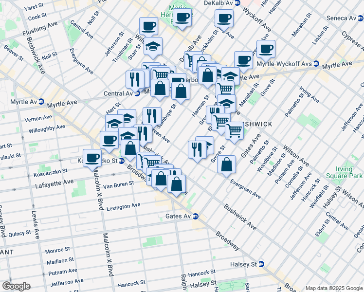 map of restaurants, bars, coffee shops, grocery stores, and more near 1161 Greene Avenue in Brooklyn