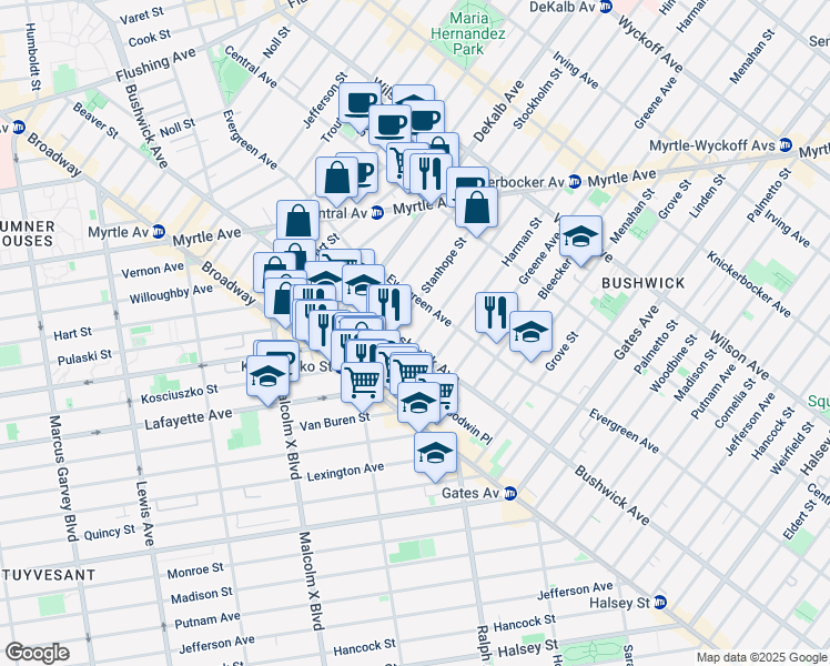 map of restaurants, bars, coffee shops, grocery stores, and more near 28 Stanhope Street in Brooklyn