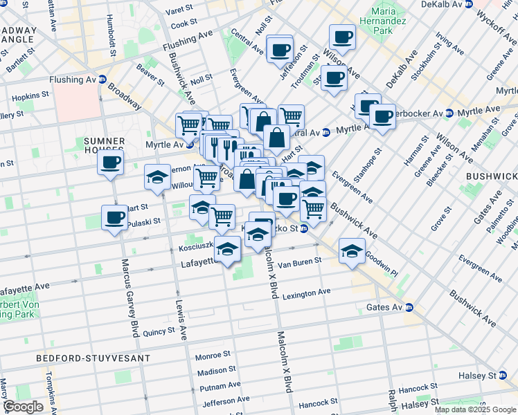 map of restaurants, bars, coffee shops, grocery stores, and more near 1050 Broadway in Brooklyn