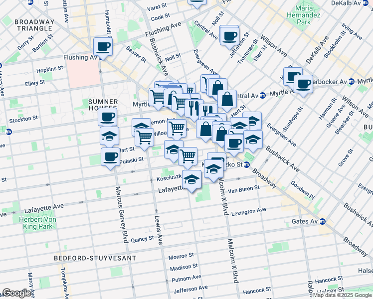 map of restaurants, bars, coffee shops, grocery stores, and more near 415 Hart Street in Brooklyn