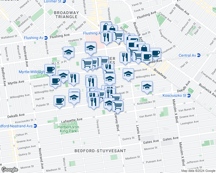 map of restaurants, bars, coffee shops, grocery stores, and more near 701 Willoughby Avenue in Brooklyn