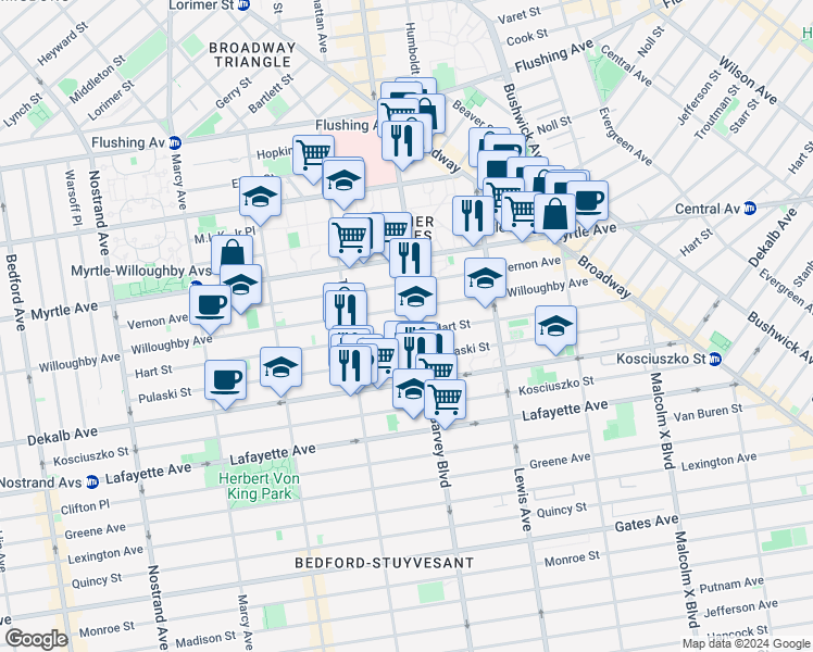 map of restaurants, bars, coffee shops, grocery stores, and more near 701 Willoughby Avenue in Brooklyn