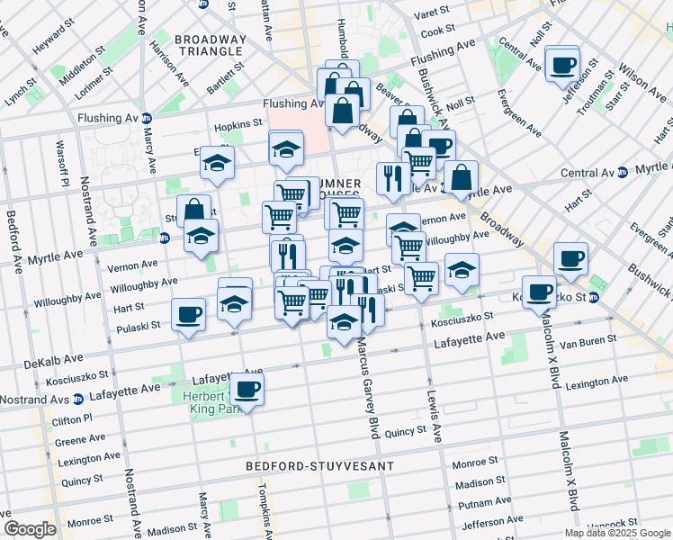 map of restaurants, bars, coffee shops, grocery stores, and more near 701 Willoughby Avenue in Brooklyn