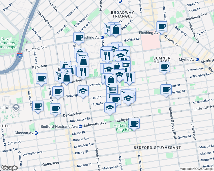 map of restaurants, bars, coffee shops, grocery stores, and more near 806 Myrtle Avenue in Brooklyn